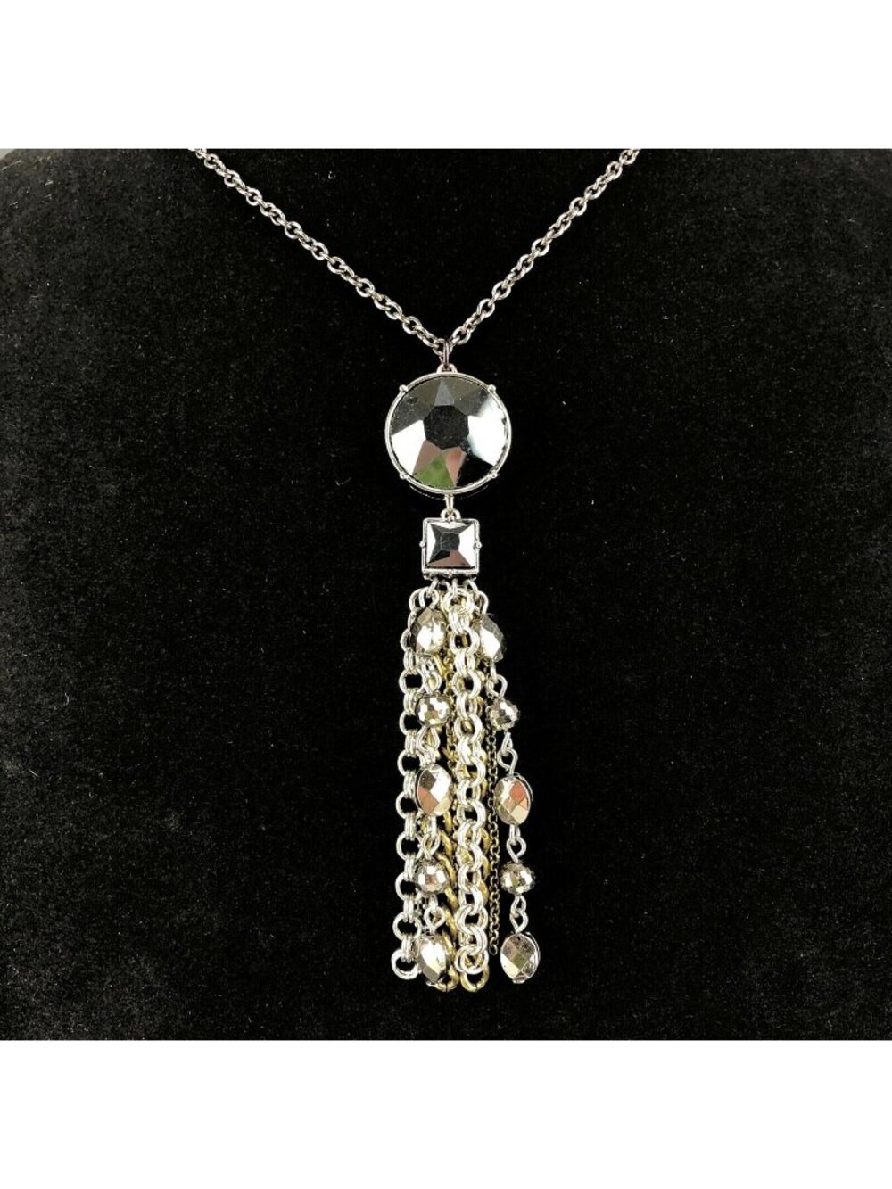 Kohls Metal Necklace Long Dark Silver Tone Rhinestone & Chain Tassel